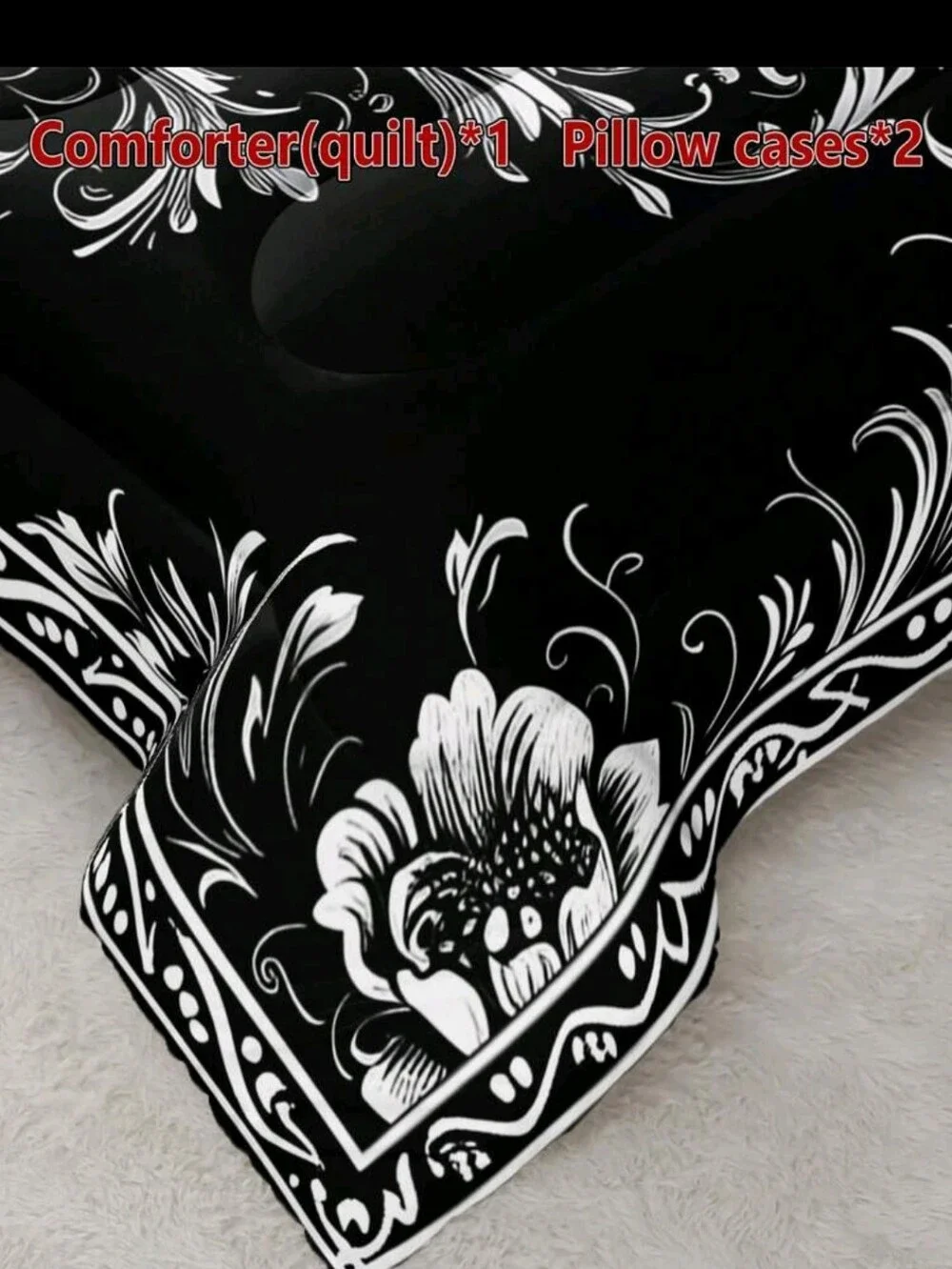 Black Skull Print Comforter Set  KING